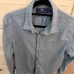 Vineyard Vines Men's Blue and Green Plaid Shirt